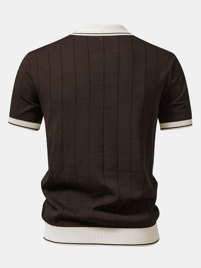 Ribbed Johnny Collar Knit Polo with Contrast Trim & Slim Fit Tapered Trousers