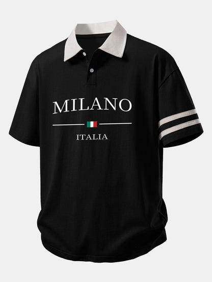 Relaxed Fit Milano Print Polo Shirt with Contrast Collar