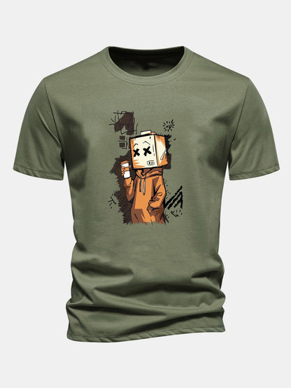 Classic Fit Cotton T-Shirt with Cartoon Box Head Design