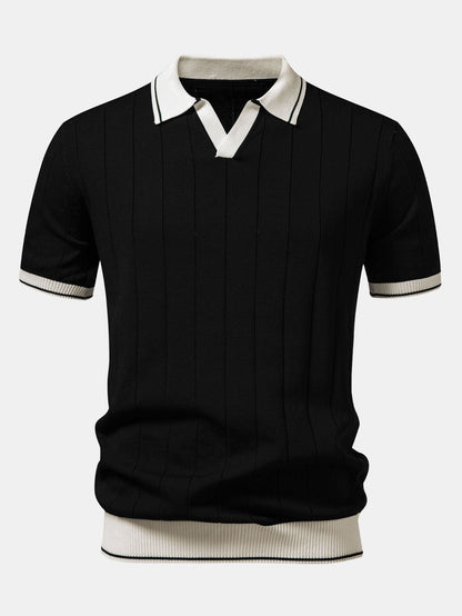 Ribbed Knit Polo with Contrast Trim and Johnny Collar