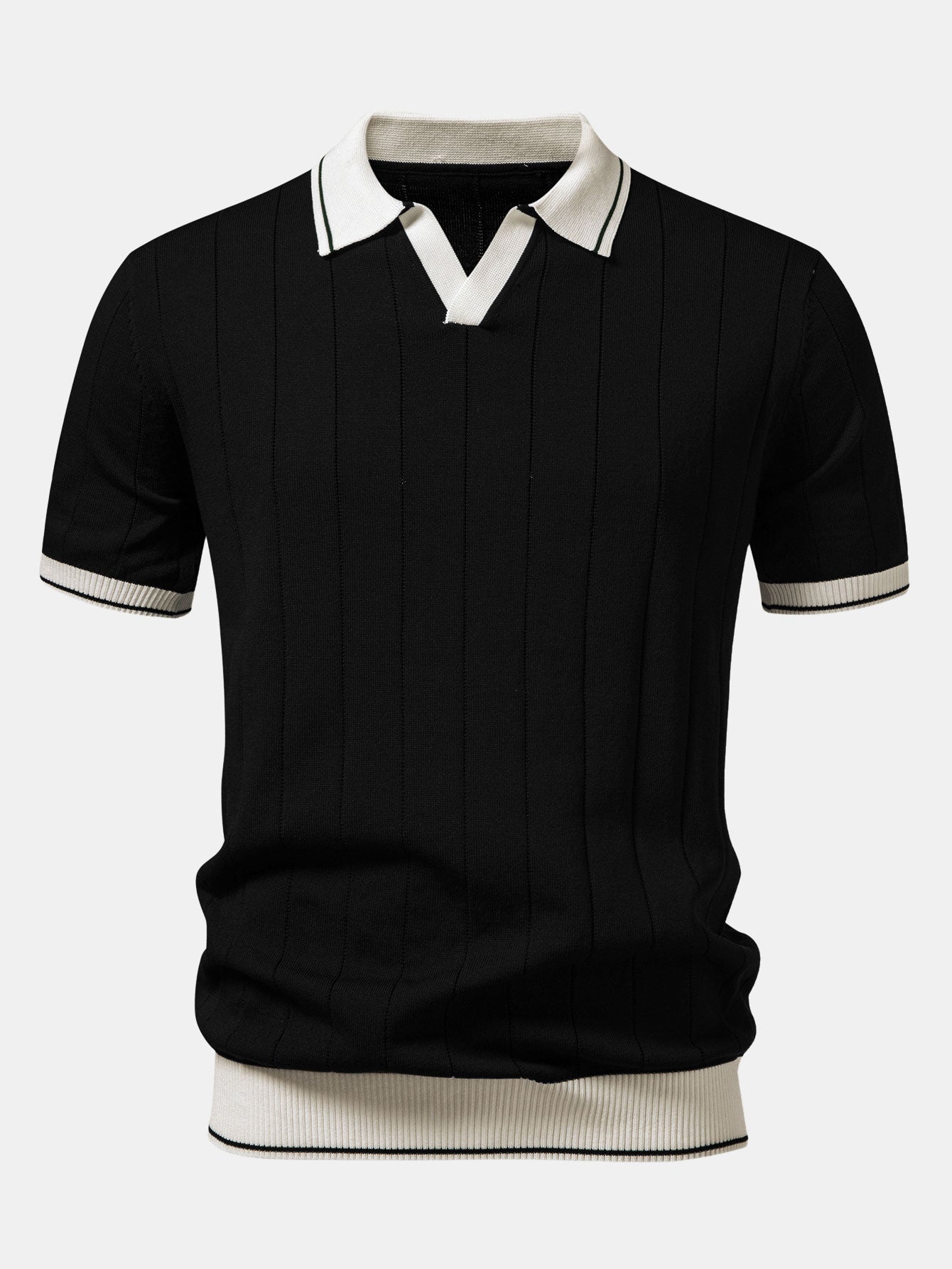 Ribbed Knit Polo with Contrast Trim and Straight Leg Ribbed Trousers