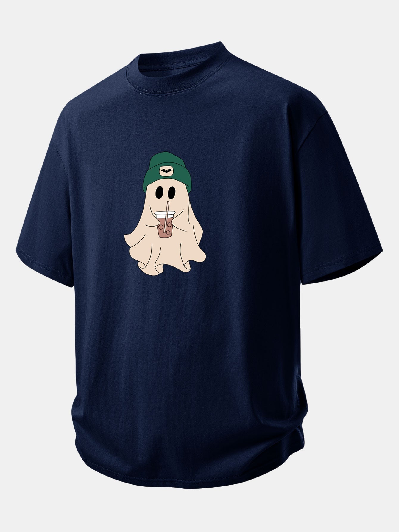 Relaxed Fit Dark Green Ghost Print Cotton T-Shirt