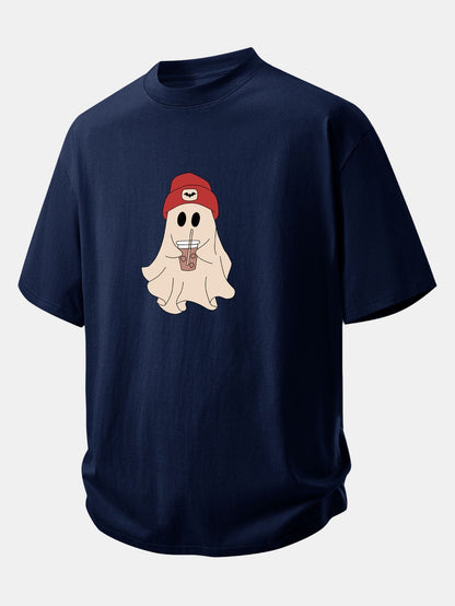 Comfortable Red Ghost Print Cotton T-Shirt