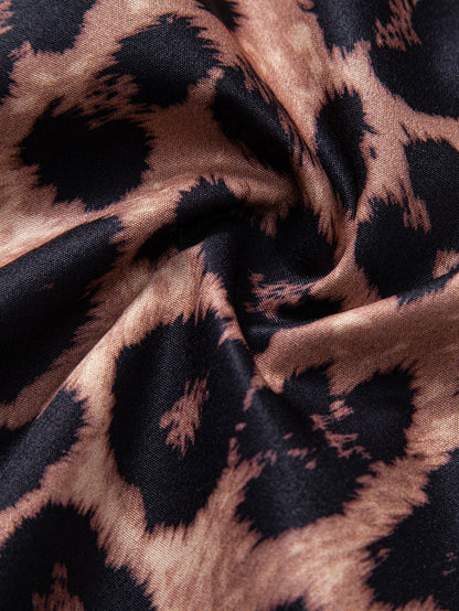 Leopard Print Patchwork Stand Collar Shirt with Matching Swim Shorts