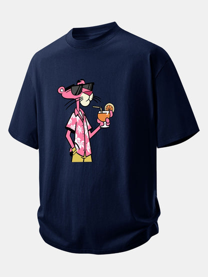 Relaxed Fit Pink Panther Print Cotton Tee for Vacation