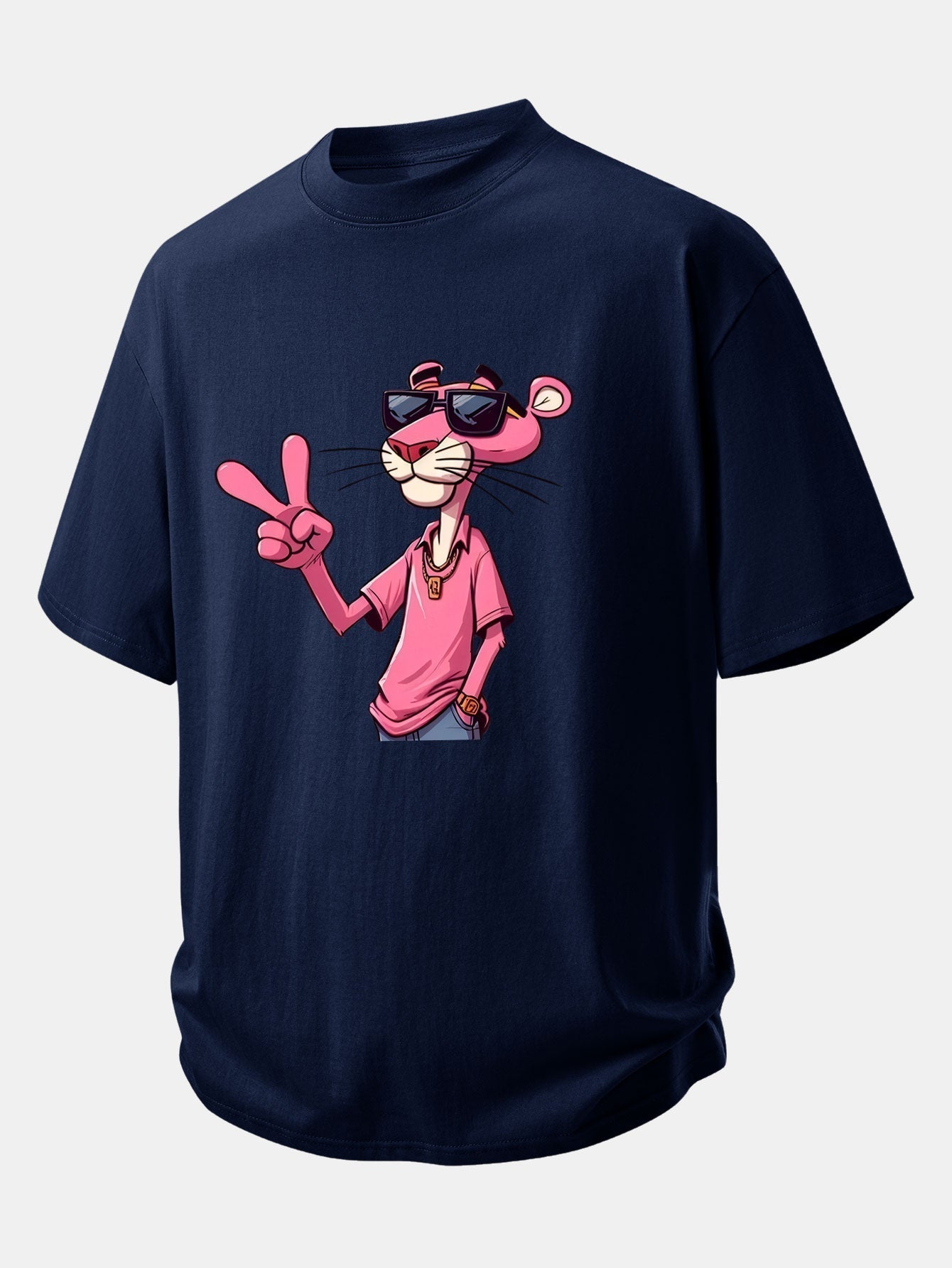 Relaxed Fit Cotton T-Shirt Featuring Pink Panther and V Sign Print