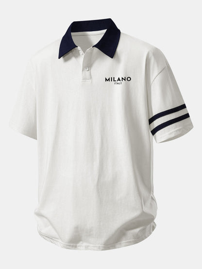 Relaxed Fit Milano Print Polo Shirt with Contrast Collar