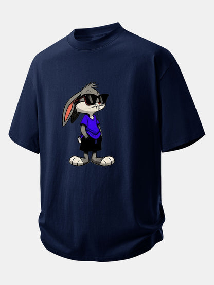 Relaxed Fit Cotton T-Shirt with Rabbit Print Sunglasses Design