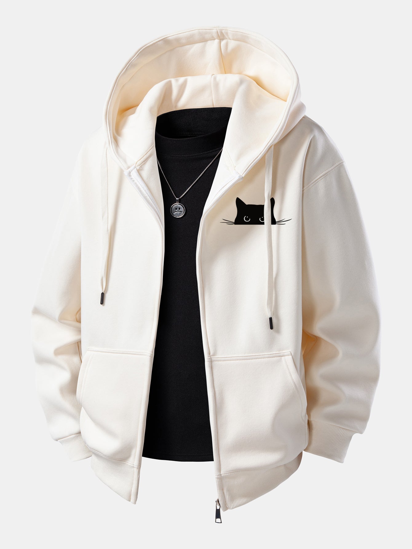 Zip-Up Hoodie with Black Cat Print