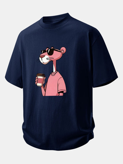 Casual Fit Pink Panther Coffee Print Cotton Tee
