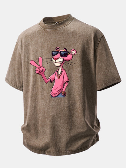 Distressed Drop Shoulder T-Shirt Featuring Pink Panther with V Sign Print