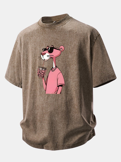 Distressed Drop Shoulder T-Shirt with Pink Panther Print