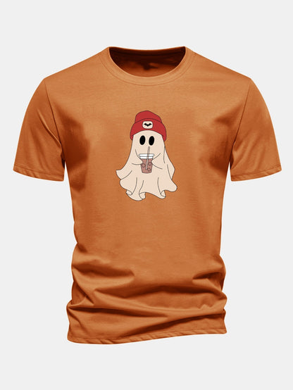 Classic Fit Red Cotton T-Shirt with Ghost Print