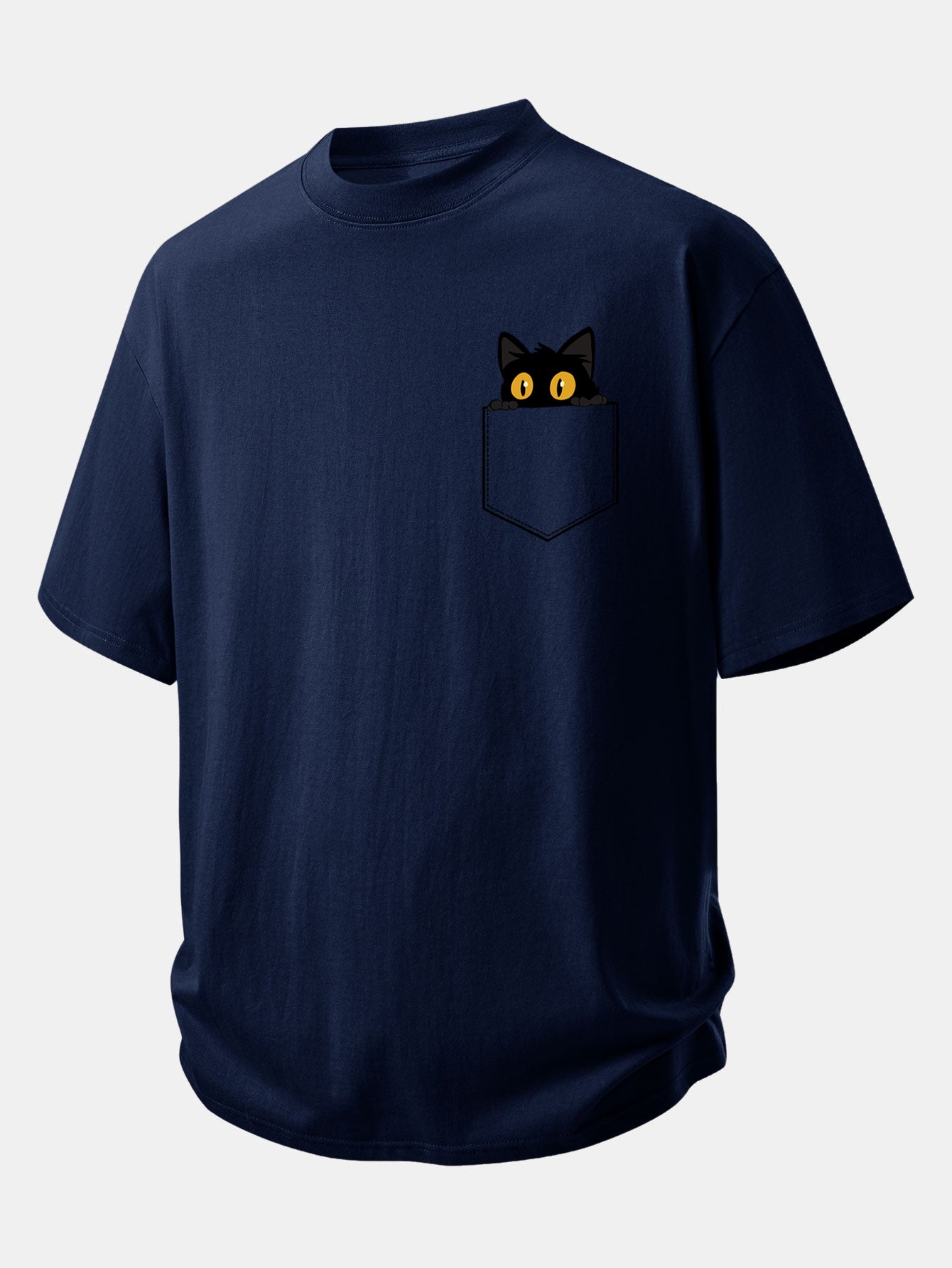 Relaxed Fit Cotton T-Shirt with Black Cat Print and Pockets