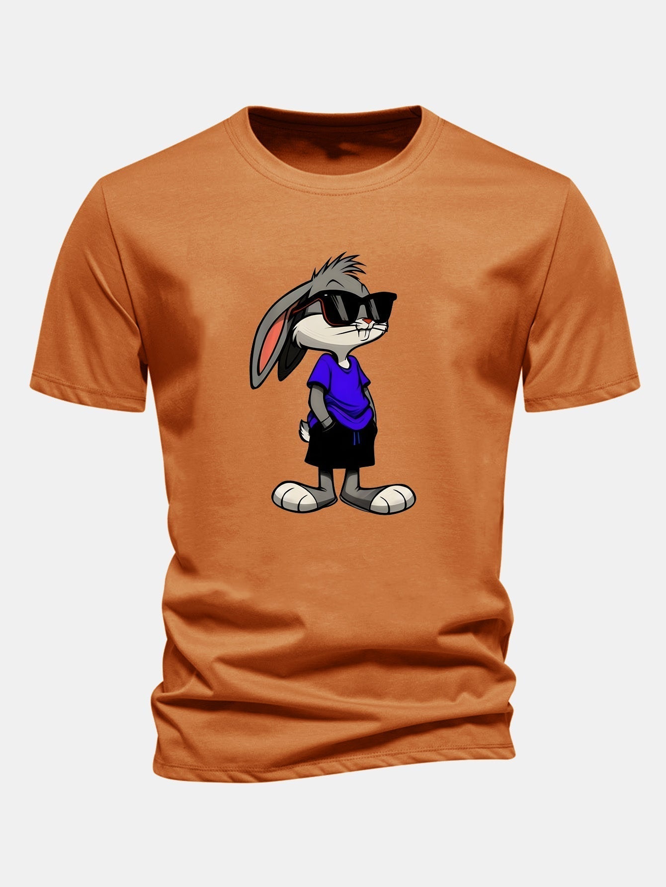 Rabbit Print Cotton T-Shirt in Regular Fit with Sunglasses Design