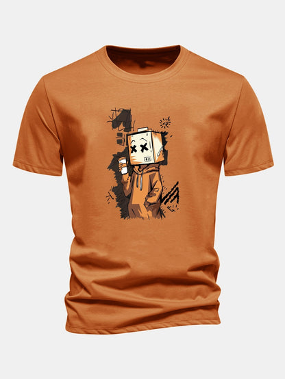 Classic Fit Cotton T-Shirt with Cartoon Box Head Design