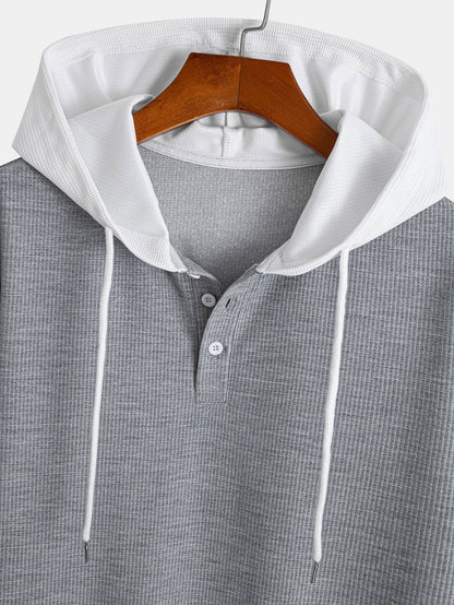 Two-Tone Button-Up Waffle Knit Hooded Tee