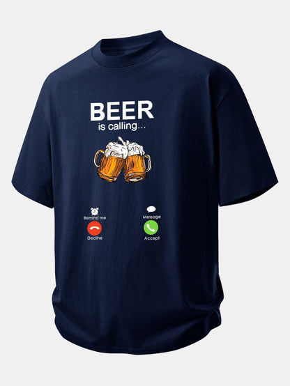 Comfortable Cotton T-Shirt with 'Beer Is Calling' Print