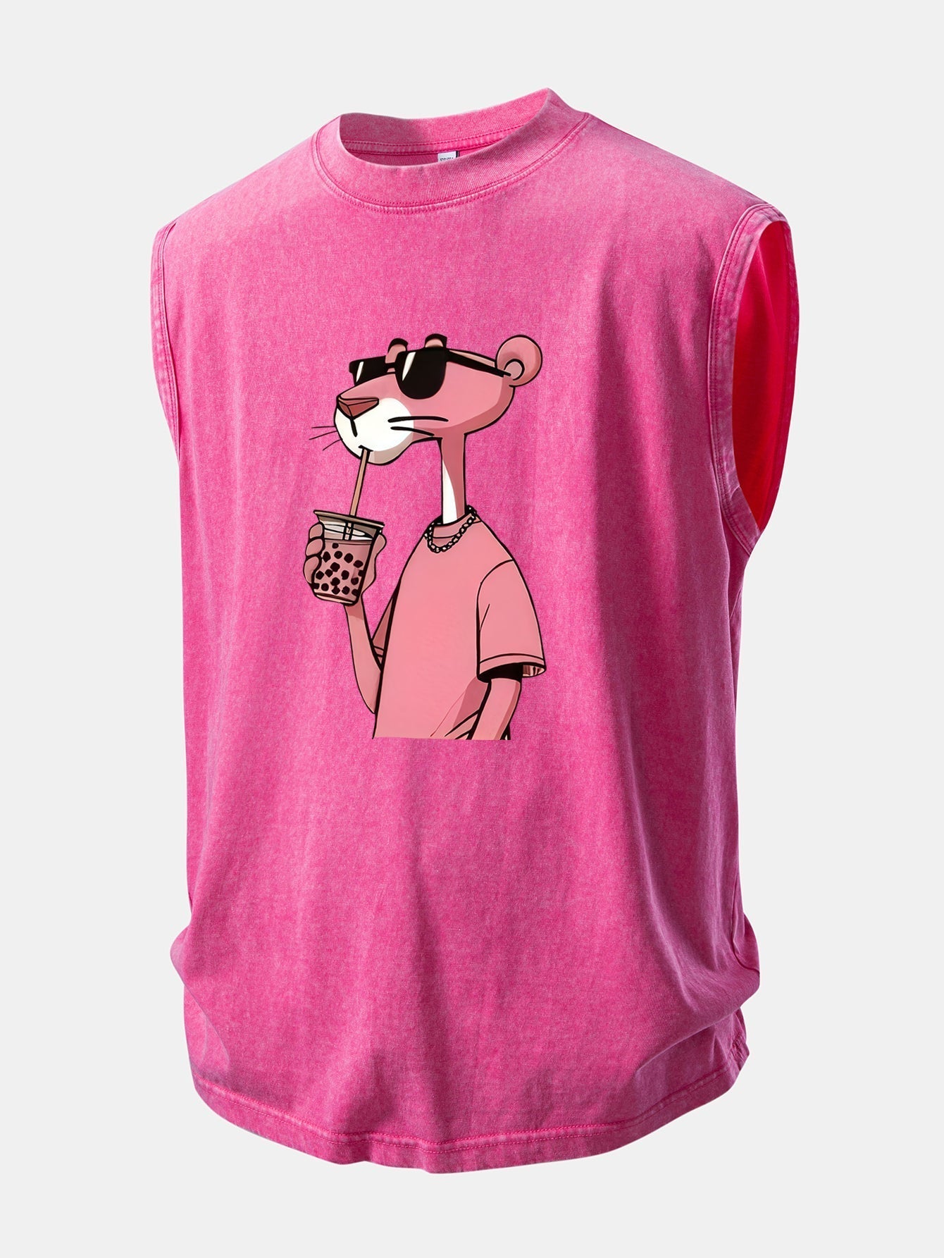 Distressed Washed Tank Top with Pink Panther Print