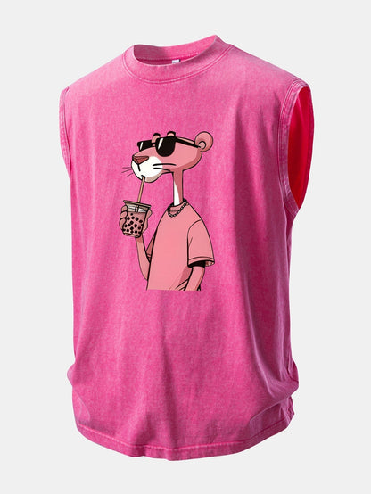 Distressed Washed Tank Top with Pink Panther Print