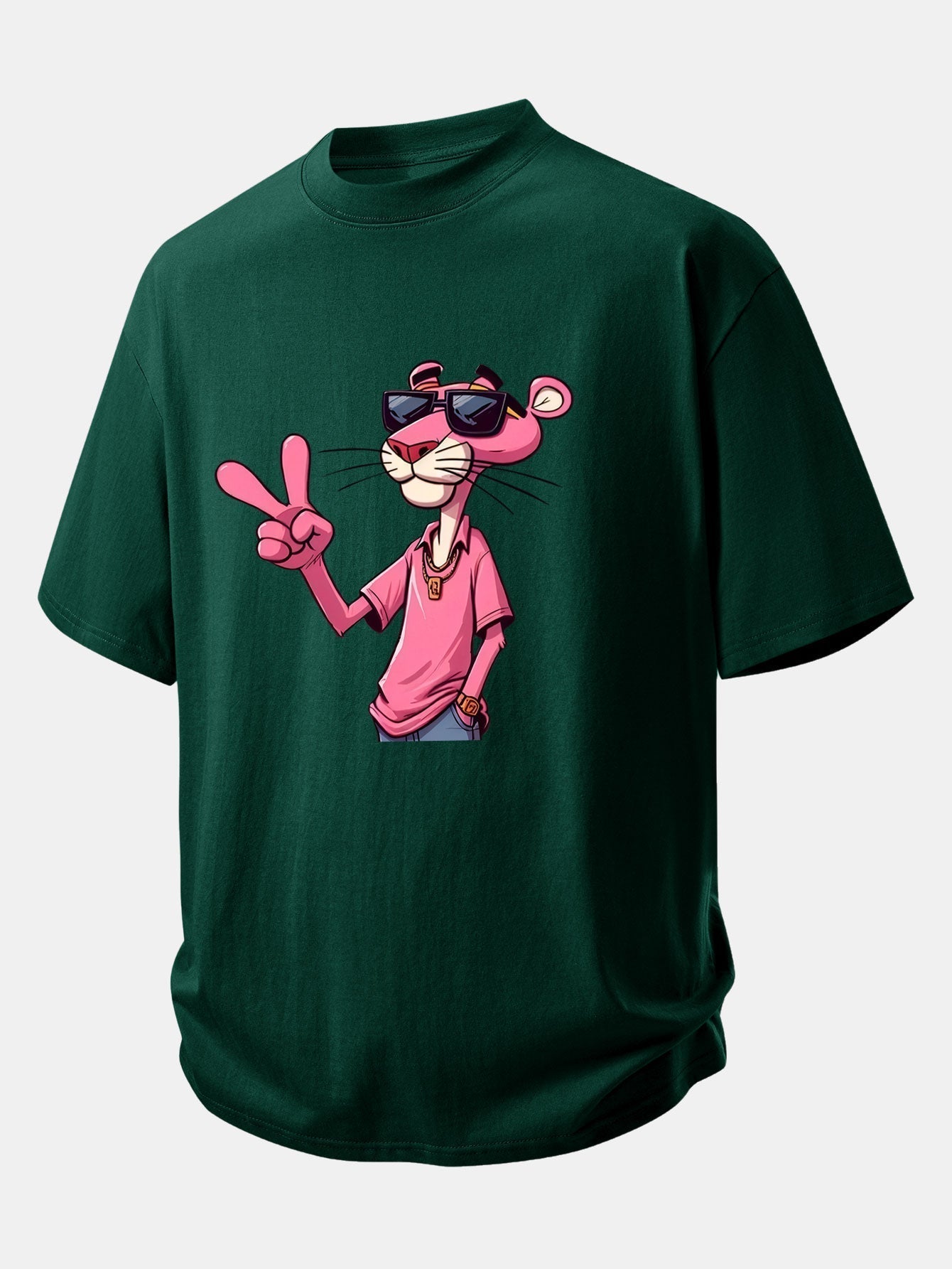 Relaxed Fit Cotton T-Shirt Featuring Pink Panther and V Sign Print