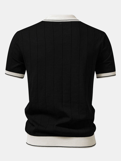 Ribbed Johnny Collar Knit Polo with Contrast Trim & Slim Fit Tapered Trousers