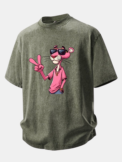 Distressed Drop Shoulder T-Shirt Featuring Pink Panther with V Sign Print