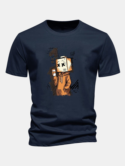 Classic Fit Cotton T-Shirt with Cartoon Box Head Design