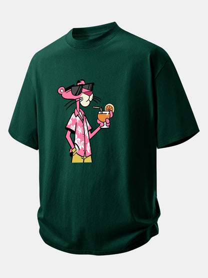 Relaxed Fit Pink Panther Print Cotton Tee for Vacation