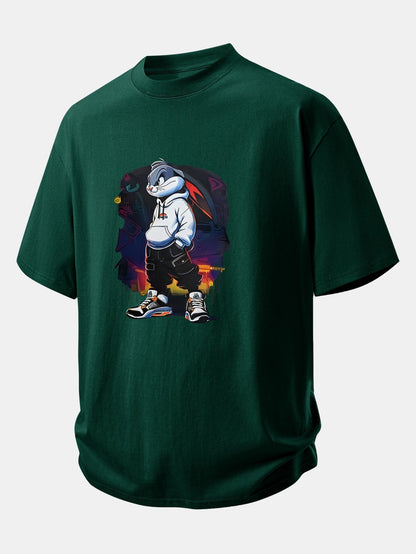 Casual Cartoon Rabbit Graphic Cotton Tee