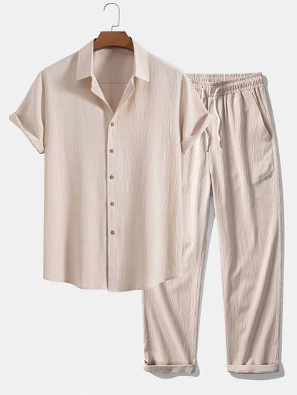 Textured Crinkle Button-Up Shirt with Straight-Leg Trousers