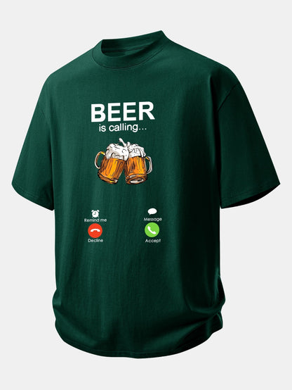 Comfortable Cotton T-Shirt with 'Beer Is Calling' Print