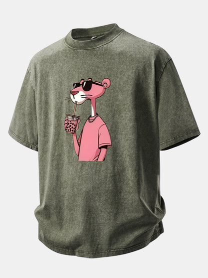 Distressed Drop Shoulder T-Shirt with Pink Panther Print