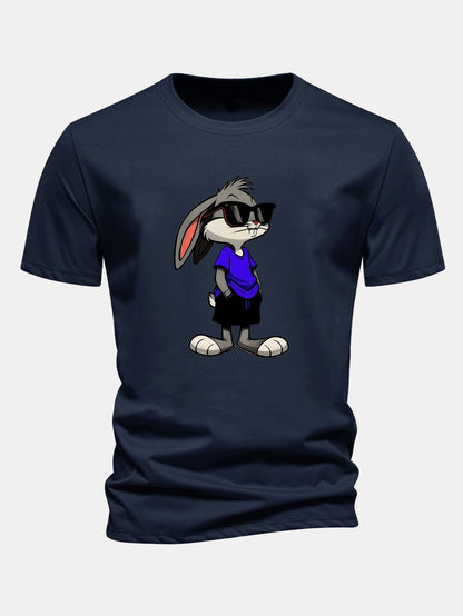 Rabbit Print Cotton T-Shirt in Regular Fit with Sunglasses Design