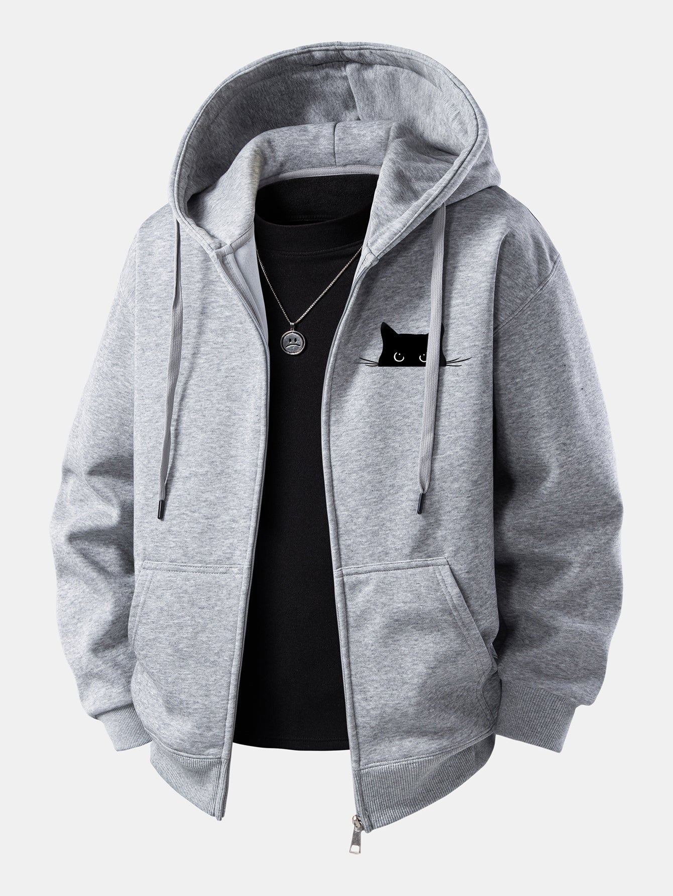 Zip-Up Hoodie with Black Cat Print