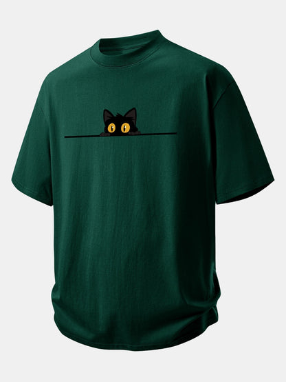 Comfortable Black Cat Print Cotton Tee