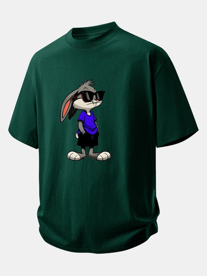 Relaxed Fit Cotton T-Shirt with Rabbit Print Sunglasses Design