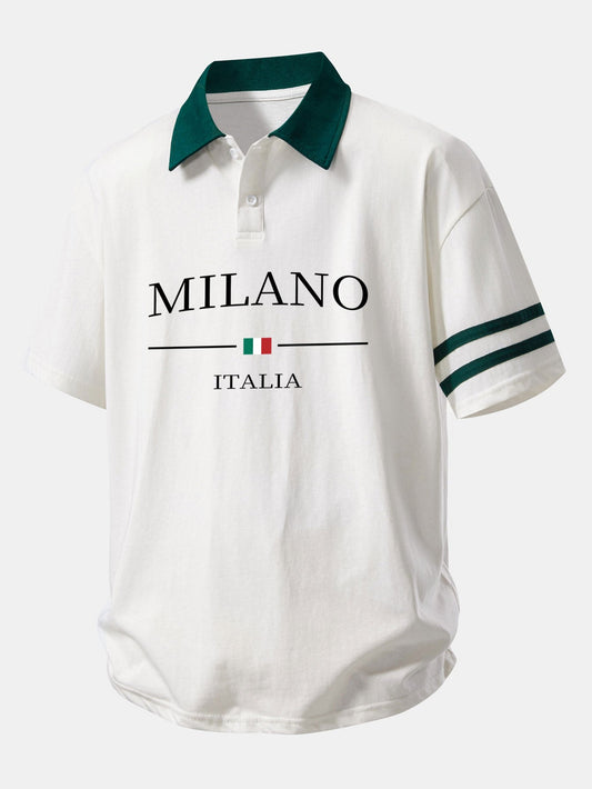 Relaxed Fit Milano Print Polo Shirt with Contrast Collar
