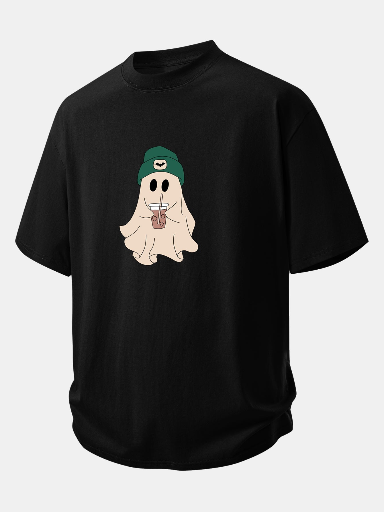 Relaxed Fit Dark Green Ghost Print Cotton T-Shirt