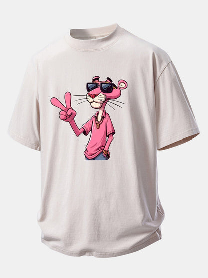 Distressed Drop Shoulder T-Shirt Featuring Pink Panther with V Sign Print