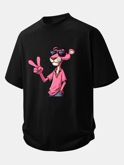 Relaxed Fit Cotton T-Shirt Featuring Pink Panther and V Sign Print