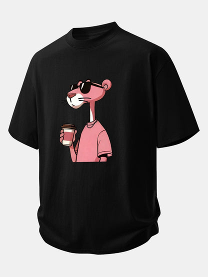 Casual Fit Pink Panther Coffee Print Cotton Tee