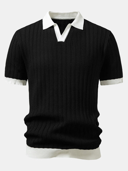 Textured Contrast Johnny Collar Knit Polo with Drawstring Waffle Knit Pants