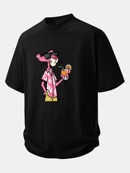 Relaxed Fit Pink Panther Print Cotton Tee for Vacation