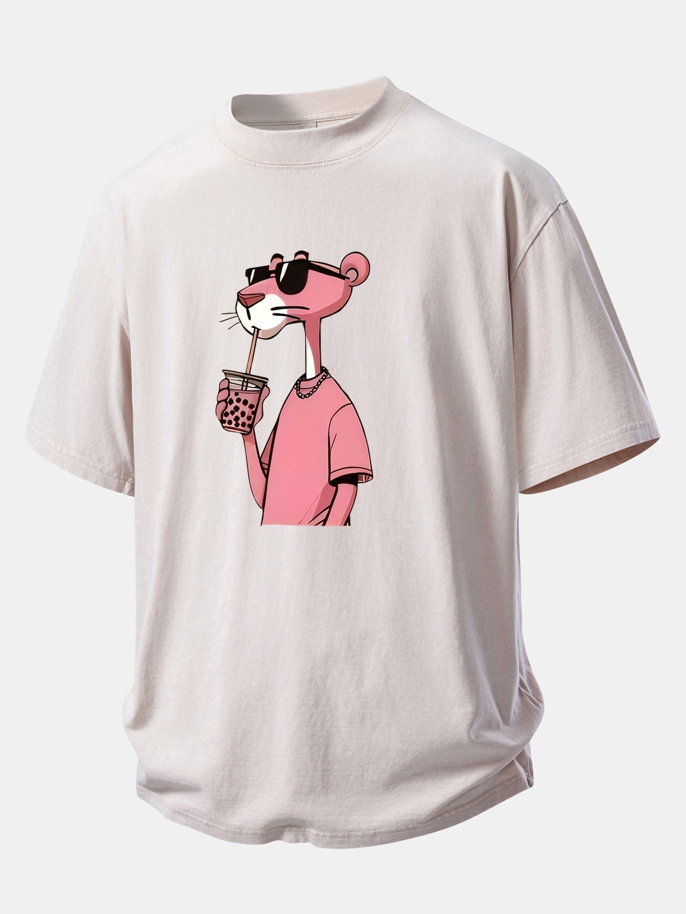 Distressed Drop Shoulder T-Shirt with Pink Panther Print