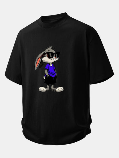 Relaxed Fit Cotton T-Shirt with Rabbit Print Sunglasses Design