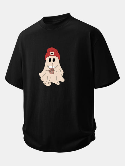 Comfortable Red Ghost Print Cotton T-Shirt