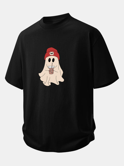Comfortable Red Ghost Print Cotton T-Shirt