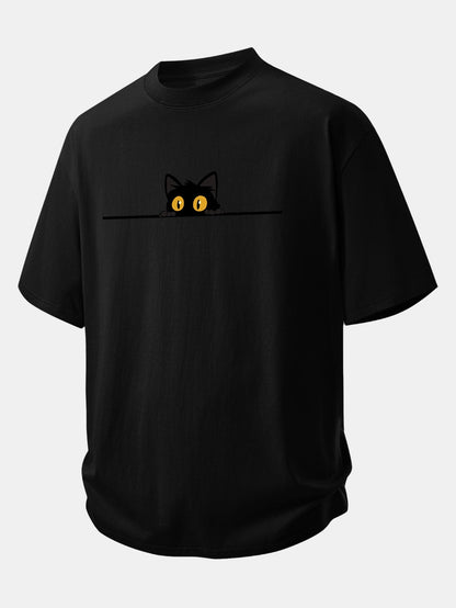 Comfortable Black Cat Print Cotton Tee