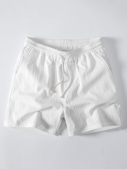 Linen-Rayon Blend Button-Up Shirt with Crinkle Textured 5" Drawstring Shorts
